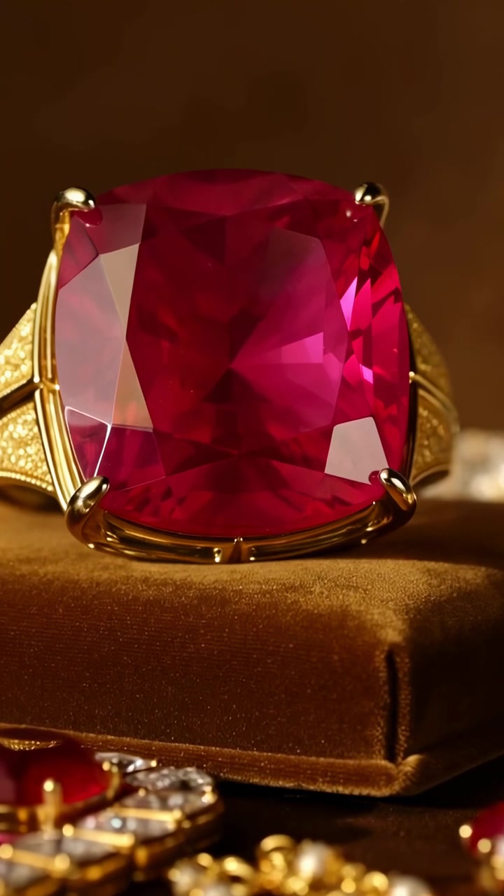 Vertical video: Showing gold ring reflecting as light shifts on velvet pad, revealing deep red gem