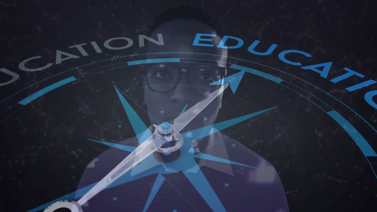 Pointing towards education, compass in animation over thoughtful person with glasses