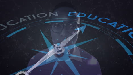 pointing towards education, compass in animation over thoughtful person with glasses