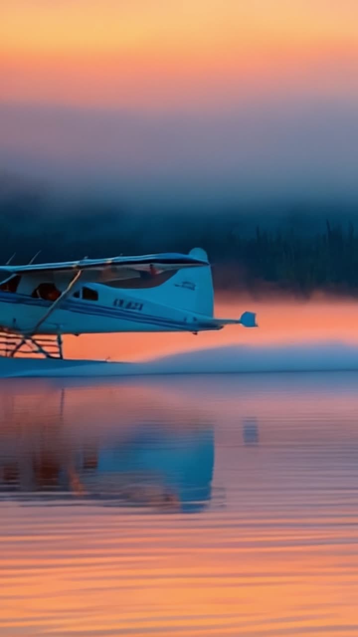 Riflessi sereni del tramonto: Un idrovolante scivola su acque tranquille, circondato da foreste nebbiose e un cielo colorato al crepuscolo.