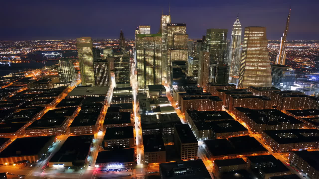 밤 에 도시 의 스카이 라인 을 공중 에서 볼 수 있다