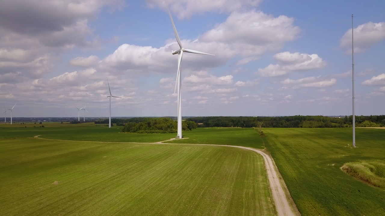 Aerial rise over a wind turbine field