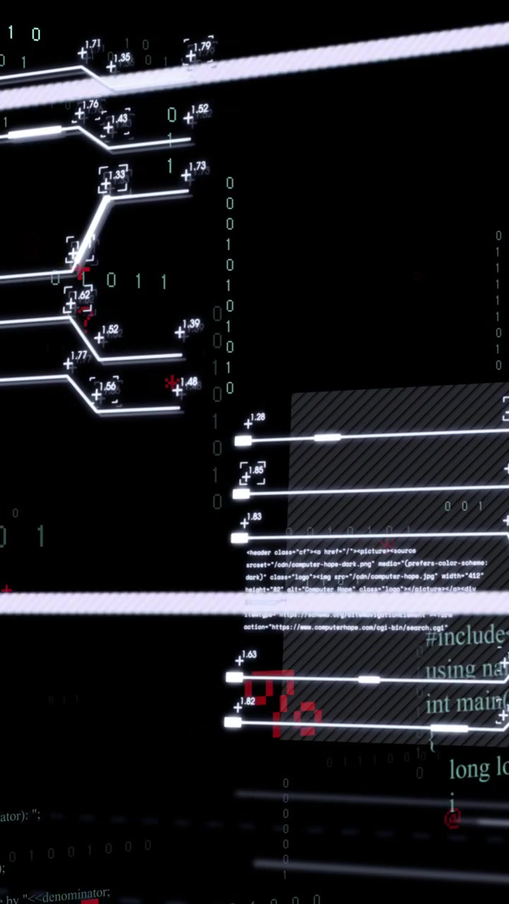 Animation of financial data processing over grid on black backgorund