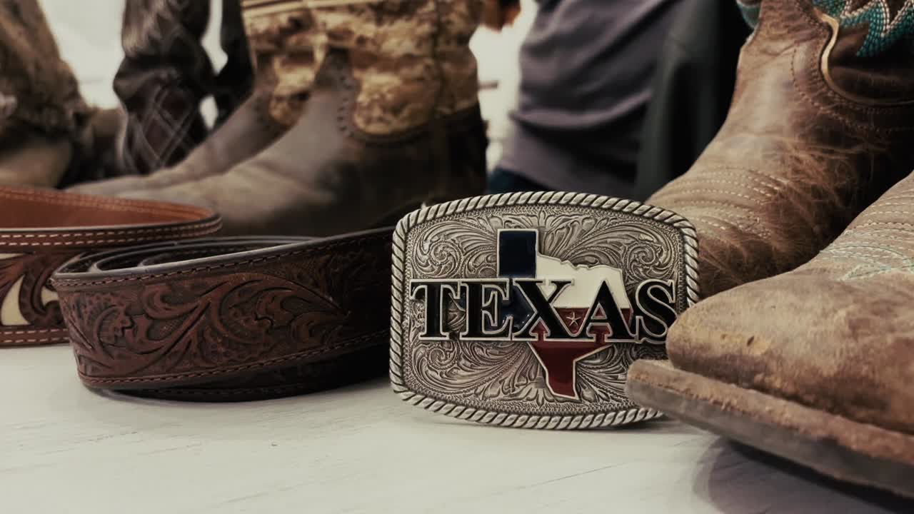 Close-up of a Texas-themed metal belt buckle placed beside tooled leather belts and worn western-style boots