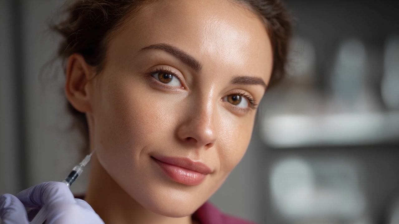 Un primo piano di una donna che sorride con sicurezza mentre si prepara per una procedura estetica, mostrando un'atmosfera serena e una competenza professionale nel trattamento estetico.