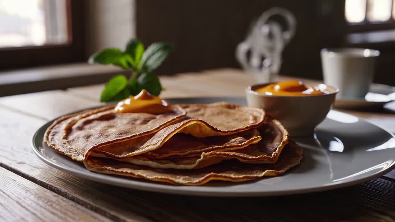 Stack of Pancakes with Fruit Sauce and Mint