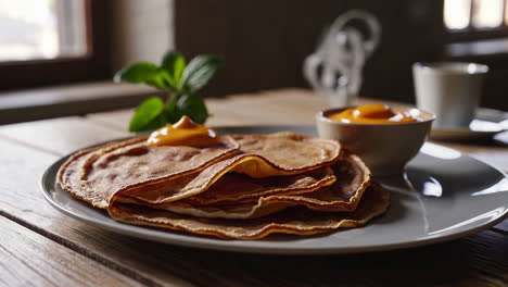 stack of pancakes with fruit sauce and mint