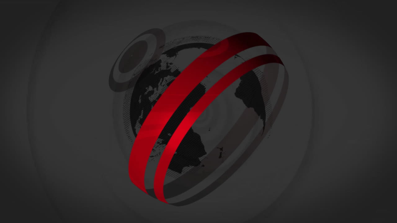 3D rendered globe spinning in dark gray gradient backdrop, showing swirling red white ribbon arcs