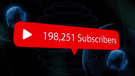 animation of play icon with increasing subscribers over spinning globes against black background