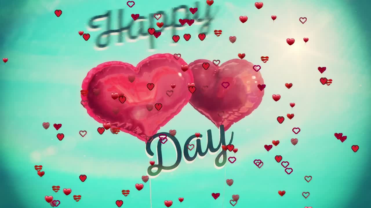 Animation of happy valentine's day over heart shaped baloons on blue background