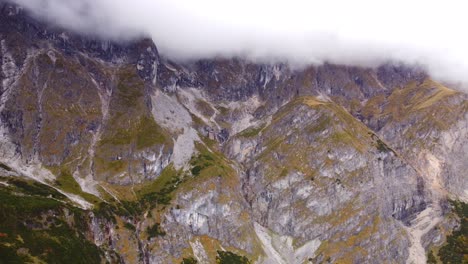 hochkonig alps, foggy mountain and hill, aerial view, day, dolly out