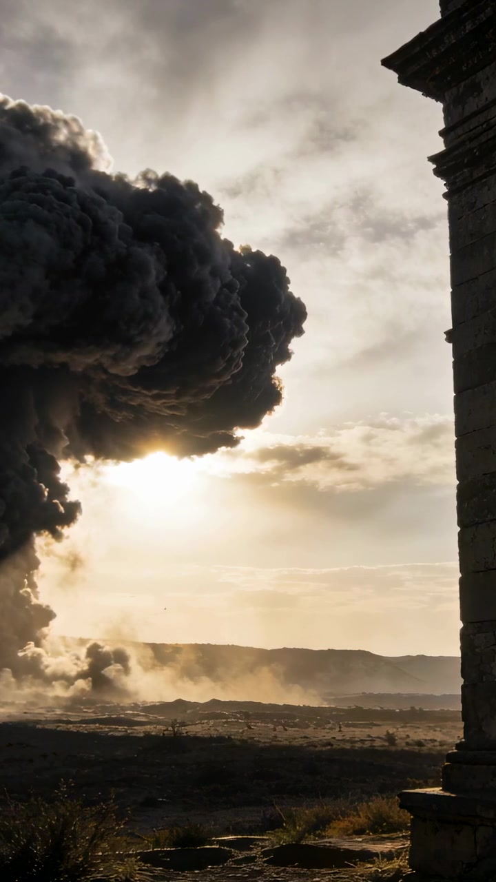 Video verticale: Colonna di fumo che si alza e si espande sulla pianura dopo un'esplosione, polvere che si solleva, sole dietro la colonna.