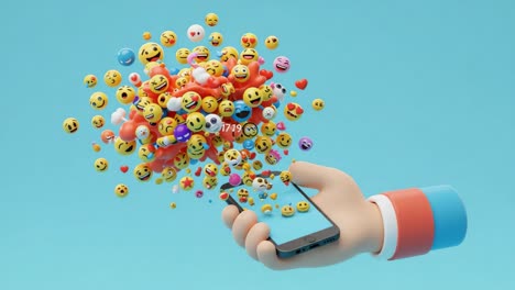 a colorful explosion of emotions: a hand holding a smartphone surrounded by a burst of vibrant emojis representing joy, fun, and connection in the digital age