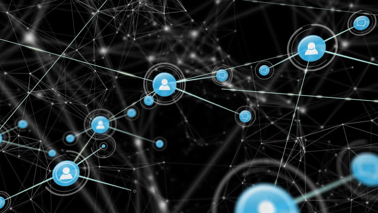 animación de la red de conexiones con iconos sobre fondo negro