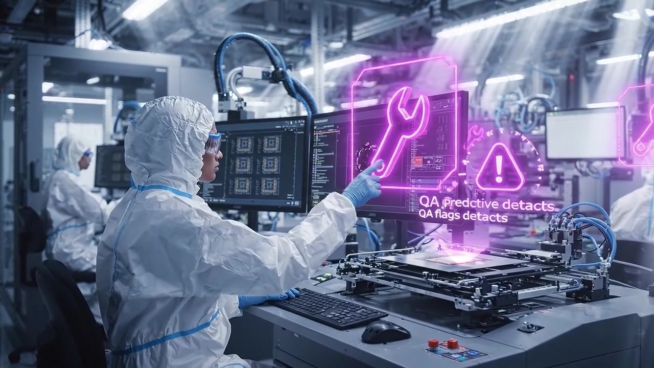 Engineers in Cleanroom Suits Operating Advanced Manufacturing Equipment with AR