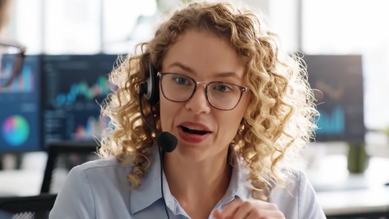 Professionista del servizio clienti coinvolgente con cuffie che dimostra efficaci capacità di comunicazione e un atteggiamento positivo in un ambiente d'ufficio luminoso.