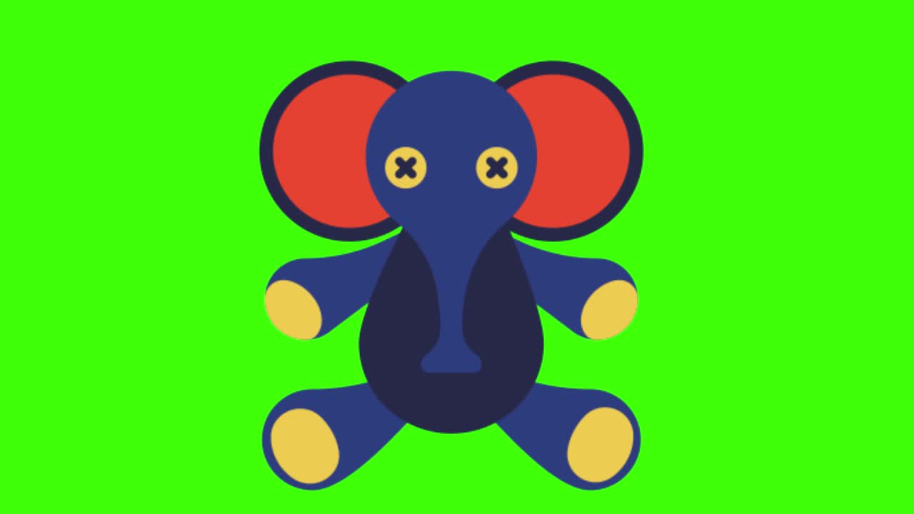 2D animated illustration of a toy elephant on a green screen