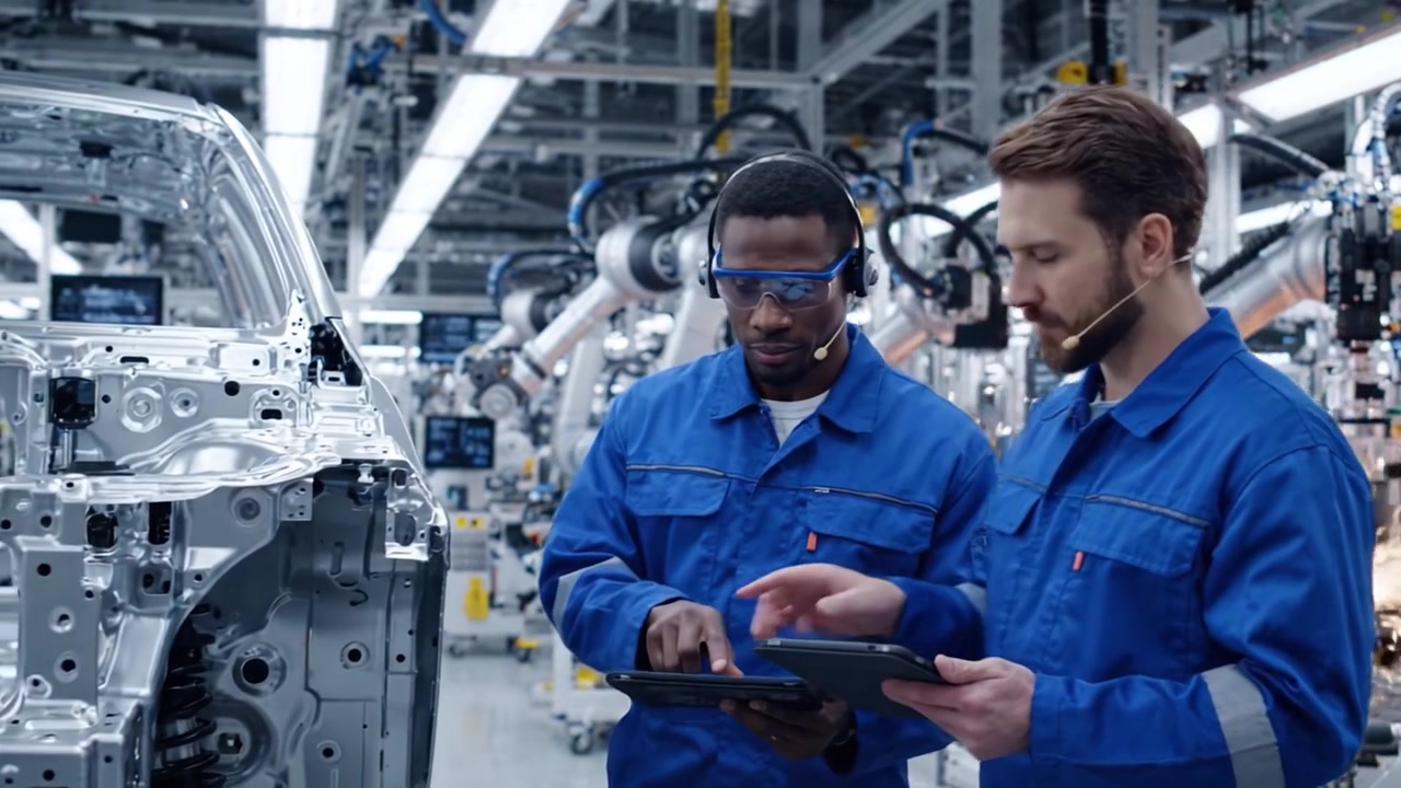 Two Factory Workers Collaborating on Automotive Manufacturing Process in High-Tech Assembly Line: Focus on Innovation and Teamwork in Modern Industry