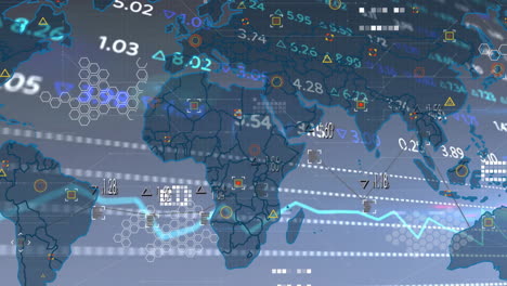 animación del procesamiento de datos financieros sobre el mapa del mundo