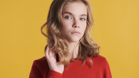 teenage caucasian girl in front of the camera.