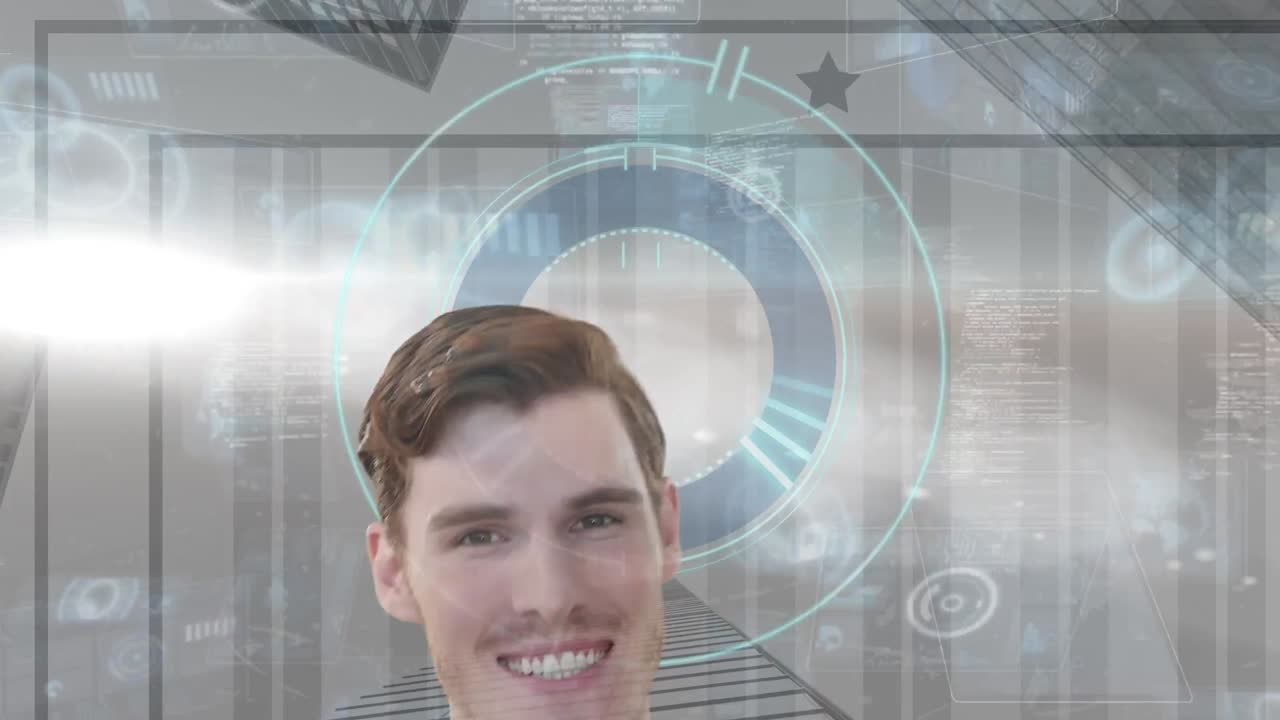 animación de un hombre de negocios caucásico sobre procesamiento de datos y escaneo de alcance