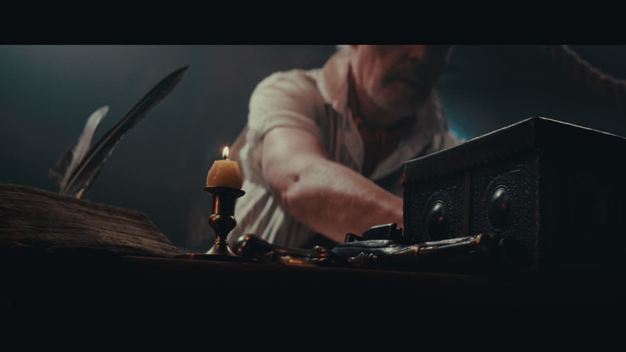 An old captain sits down by the old table inside the sailing ship cabin and writes a letter