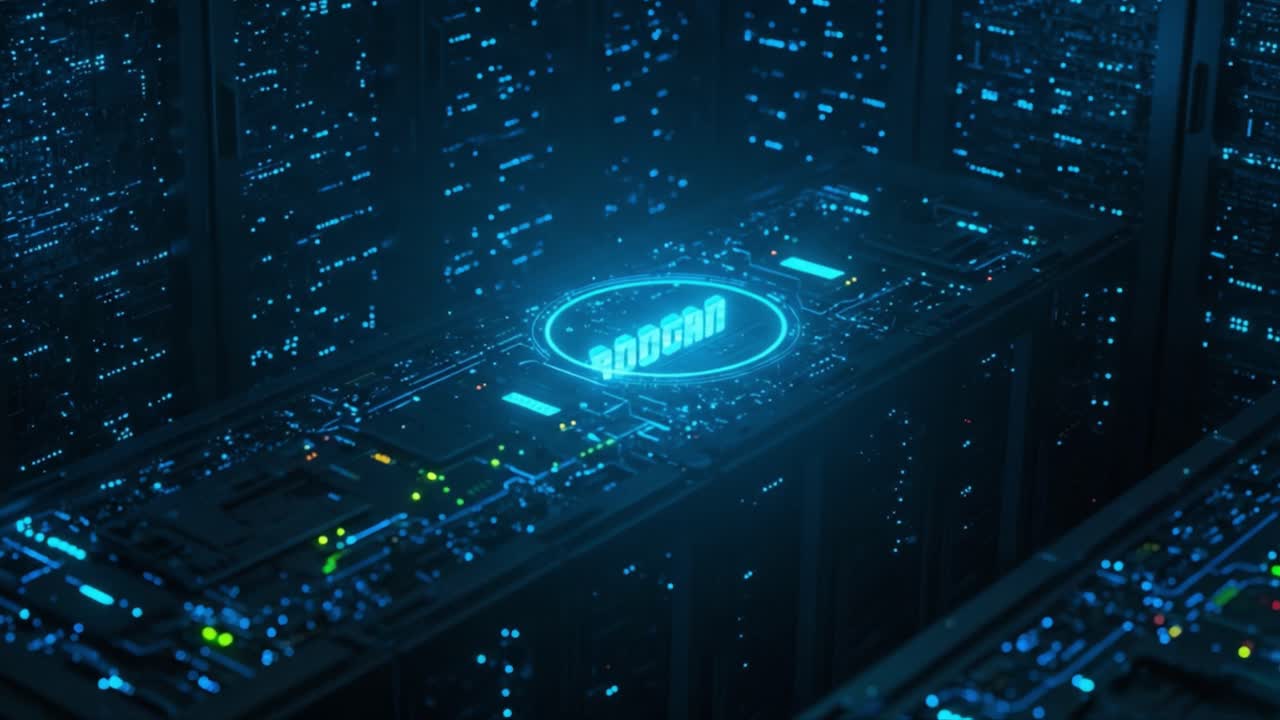 Illuminated Circuitry and Data Streams in a Futuristic Server Room with Dynamic Neon Effects Highlighting Technological Advancement