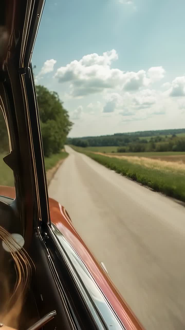 Vertikales Video: Aufnahme einer Autokamera, die eine Landstraße erfasst, Motorstart, wehendes Haar im Fenster