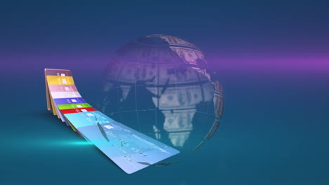 animación de rastros de luz sobre el globo de billetes de dólar girando y tarjetas de crédito en fondo azul.