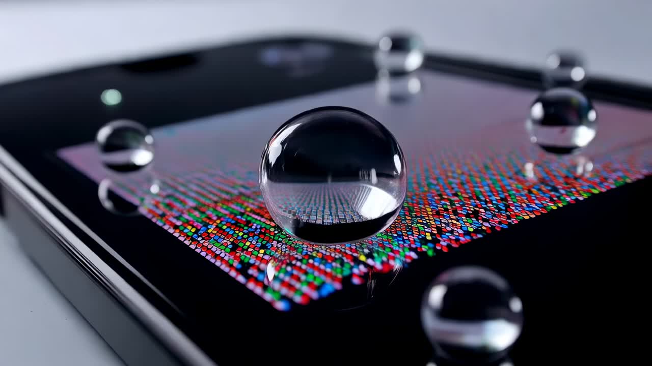 Moving camera bringing large water droplet closer on phone screen, revealing magnified RGB grid