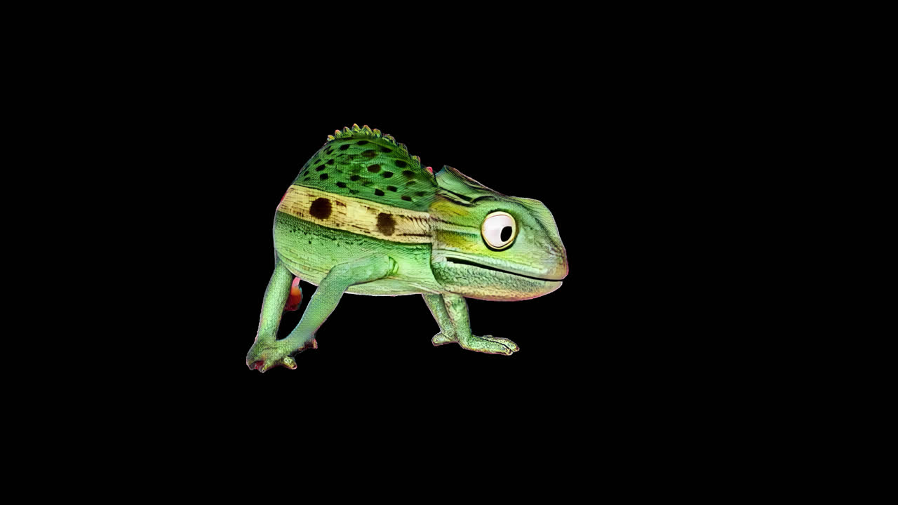 Personagem Camaleão Verde Animado Andando em Fundo Preto