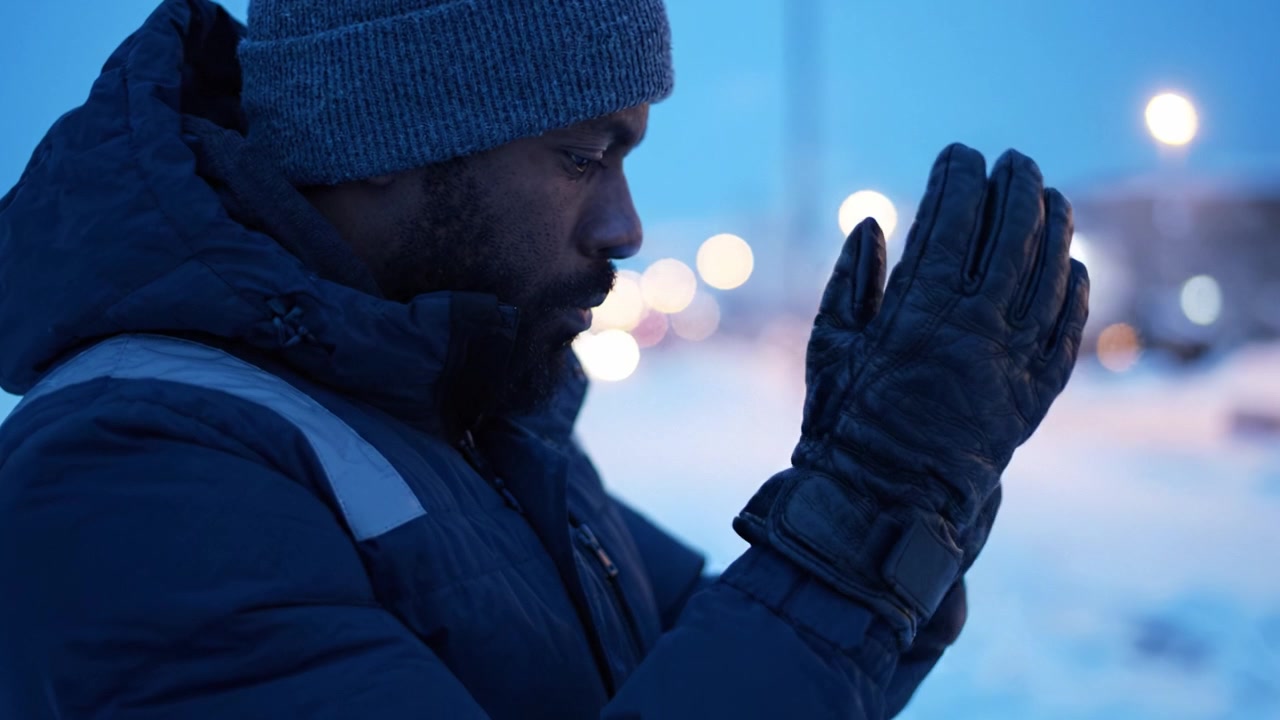 Un individuo contemplativo in un ambiente invernale, vestito calorosamente con giacca e cappello, che riflette sullo sfondo di luci soffuse della città al crepuscolo