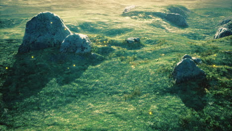 tranquil nature scene with glowing rocks in sunlight