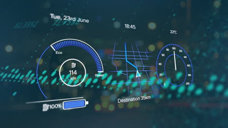 animación del procesamiento de datos del velocímetro de coches eléctricos sobre la ciudad