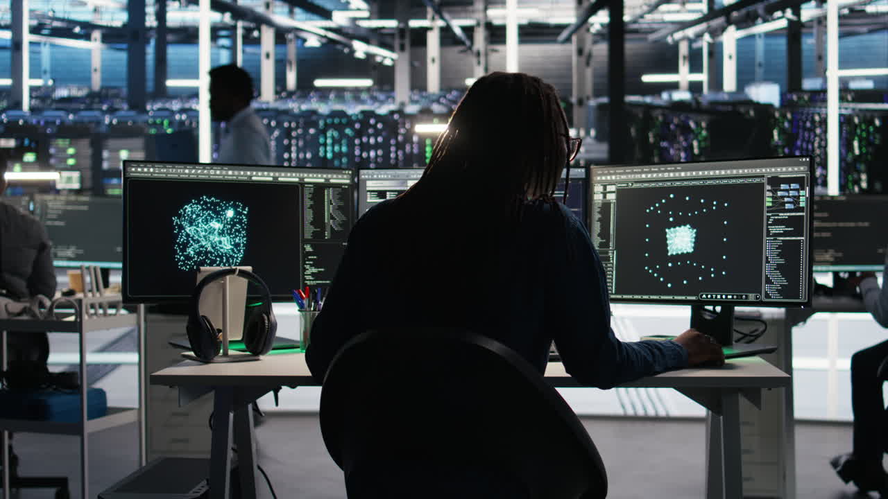 Server room expert interpreting AI data analytics graphs, putting on headphones