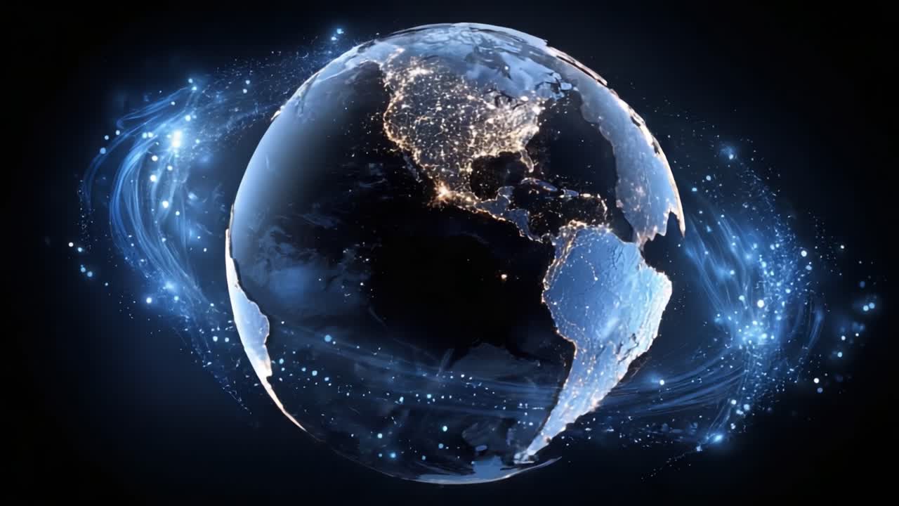 Uma Vista Deslumbrante da Terra Iluminada pelas Luzes da Cidade à Noite, Cercada por Energia Cósmica Vibrante e uma Aura Deslumbrante de Estrelas e Galáxias Giratórias.