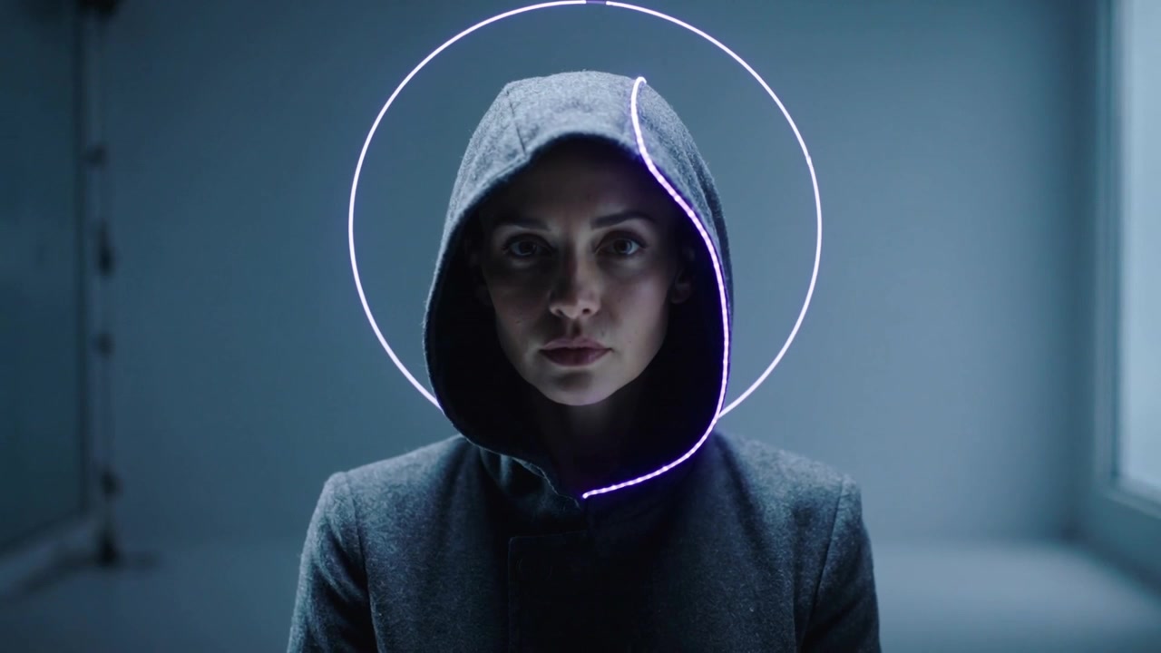Striscia LED che si attiva, donna con cappotto grigio con cappuccio che si gira in avanti in studio, formando un alone viola.