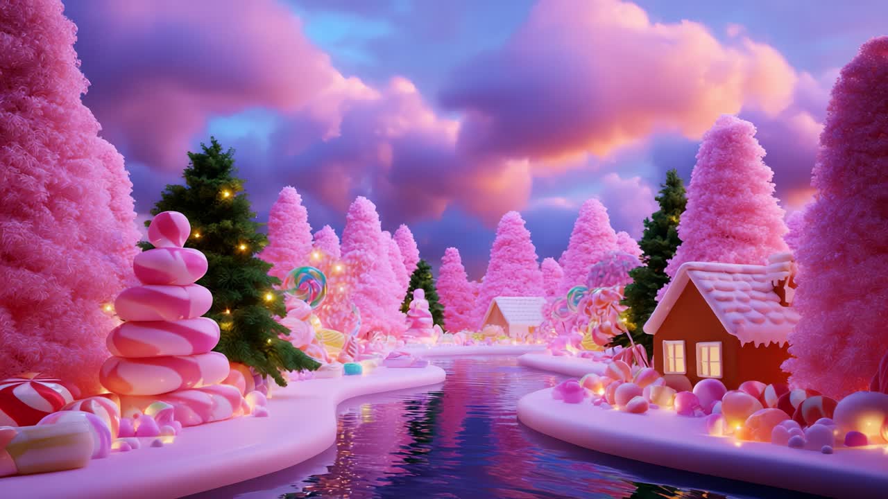 A Magical Candyland: Vibrant Pink Trees and Sweet Treats Create a Dreamy Landscaped Scene Filled with Whimsical Elements, Soft Cloudy Sky, and Charming Little Houses Reflecting on the Calm Waterway