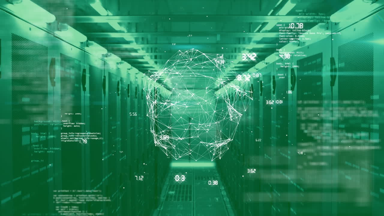 Animation of financial data processing and globe over server room