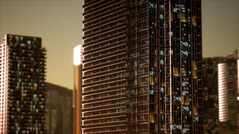 sunset aerial shot of skyscrapers of business centre