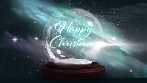 light trails spinning over snow globe with happy christmas text against space