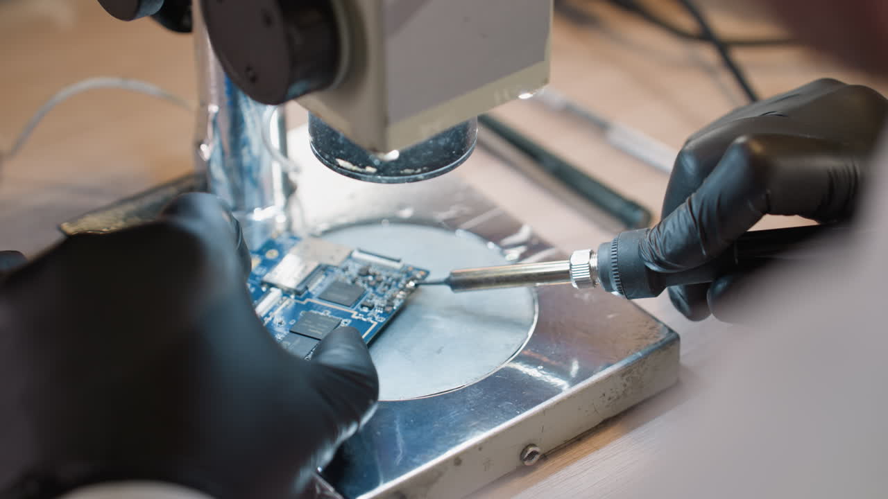 una vista de cerca de las manos con guantes de un técnico usando un soldador para trabajar en una placa de circuito azul bajo una luz brillante del microscopio