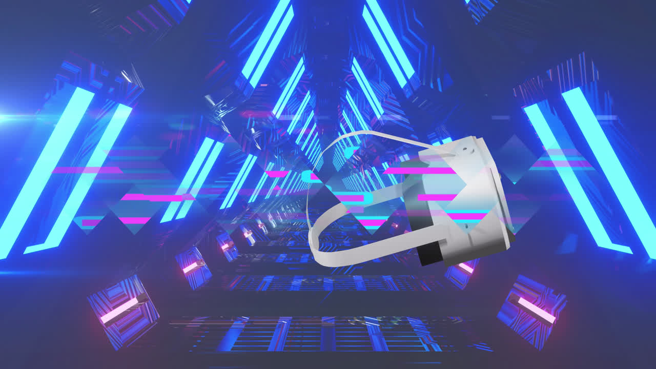 Animation of vr headset over blue neon tunnel data processing
