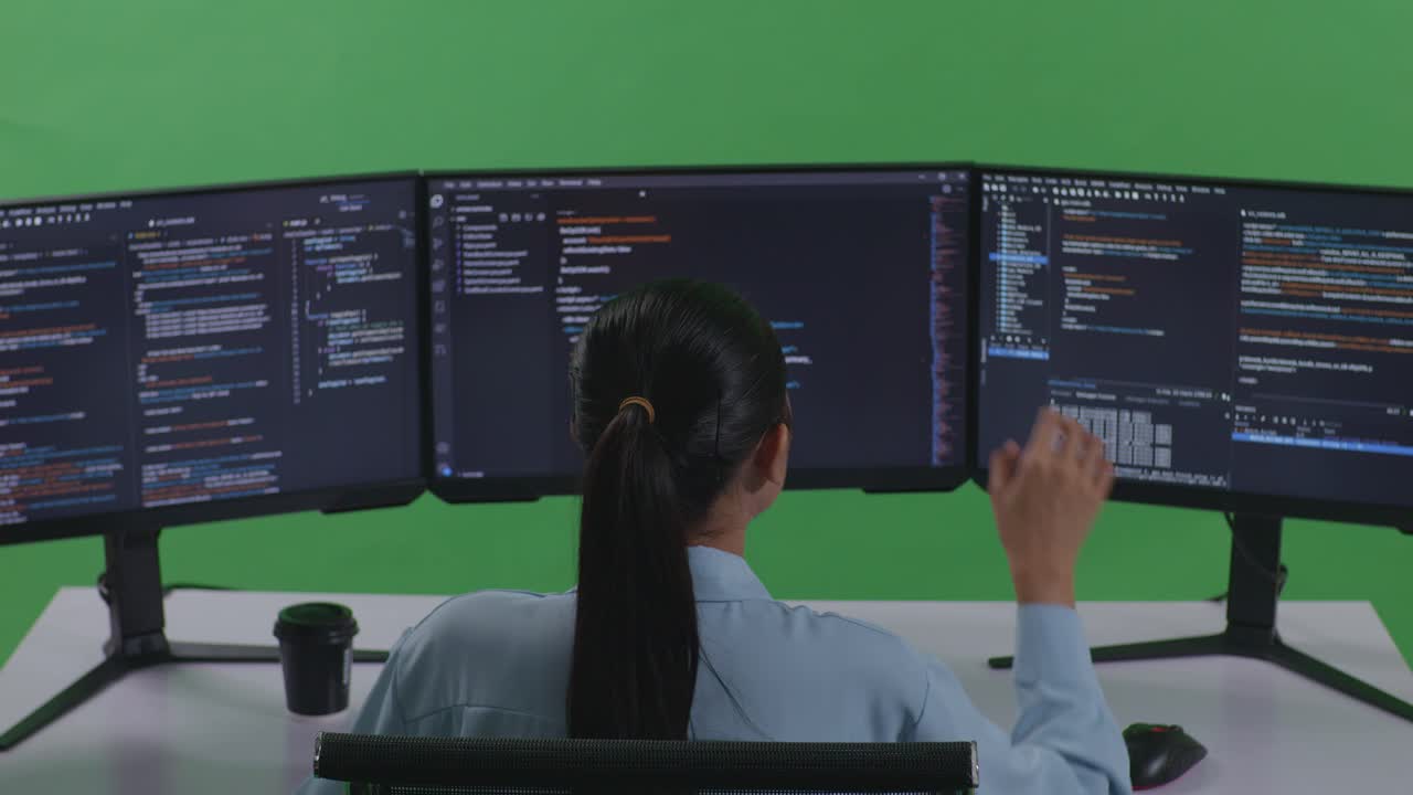 vista trasera de una desarrolladora asiática cansada bostezando antes de dormir mientras escribe código con múltiples pantallas de computadora en el estudio de pantalla verde