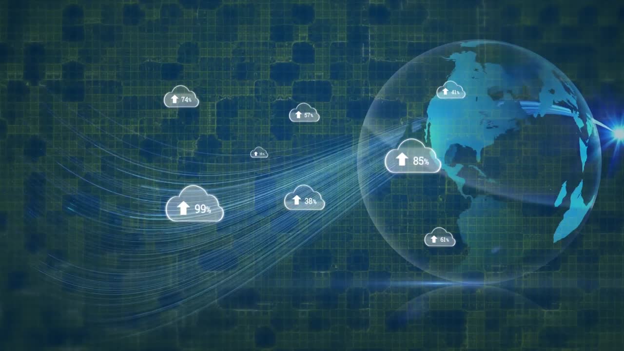 Animation of digital clouds and numbers growing and data processing over globe