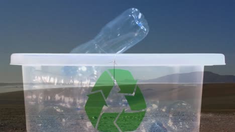 animación de un cartel de reciclaje verde sobre una caja con botellas de plástico y una turbina eólica