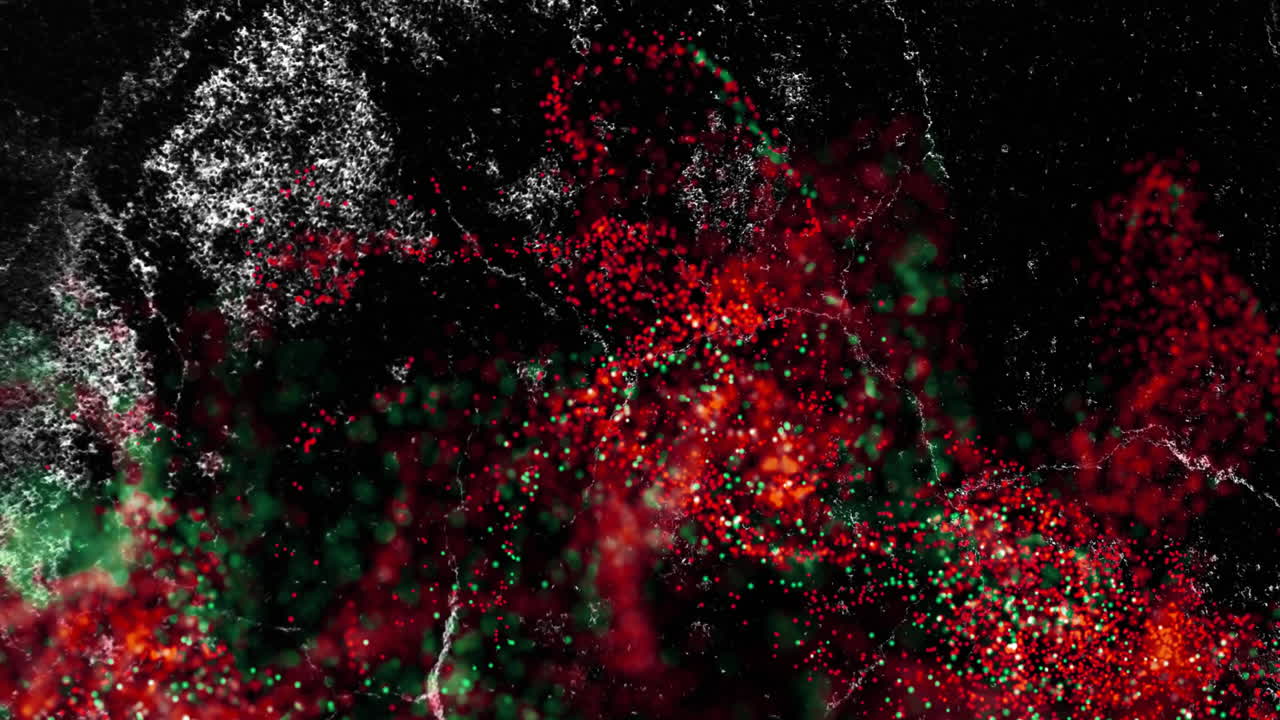 Abstract digital animation showing red and green particles floating among white filaments swirling