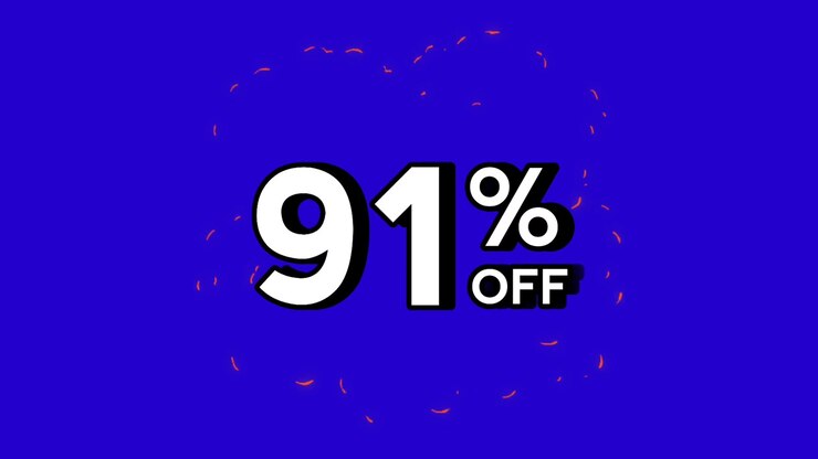 Animazione grafica in movimento con simbolo, scritta e sconto del 91% con effetti speciali di fuoco su sfondo blu. Video con prezzo scontato per il Black Friday o per il concetto di vendita all'ingrosso e business