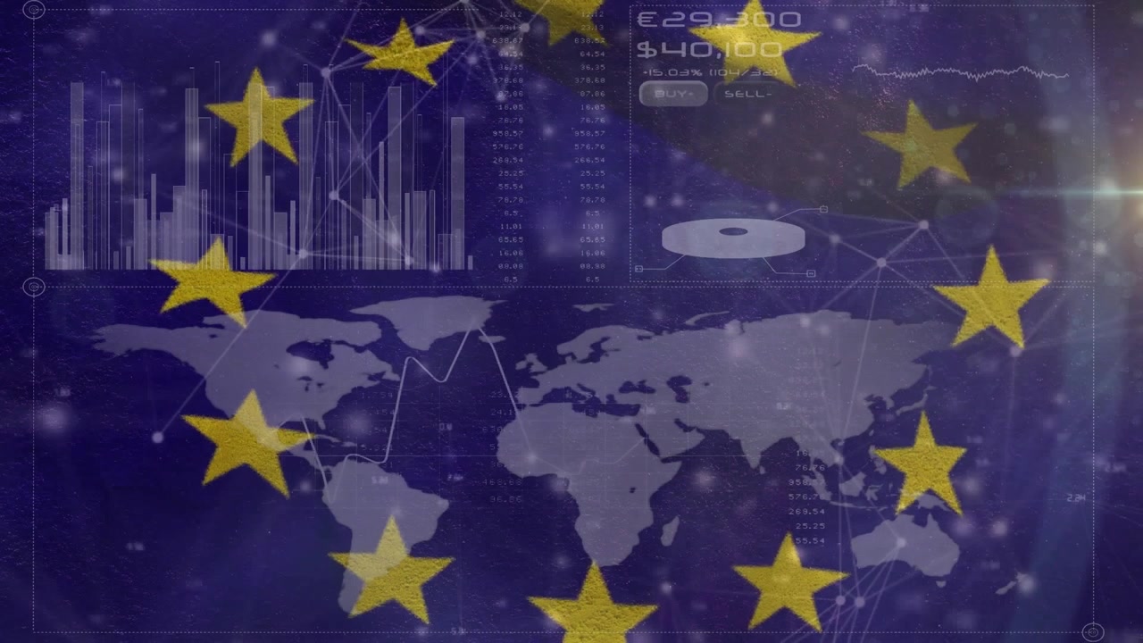 Animazione della bandiera dell'UE su elaborazione dati e mappa del mondo