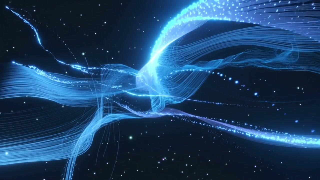 Forming bright node, core azure filaments flowing reshaping in starry void, beads propagating light